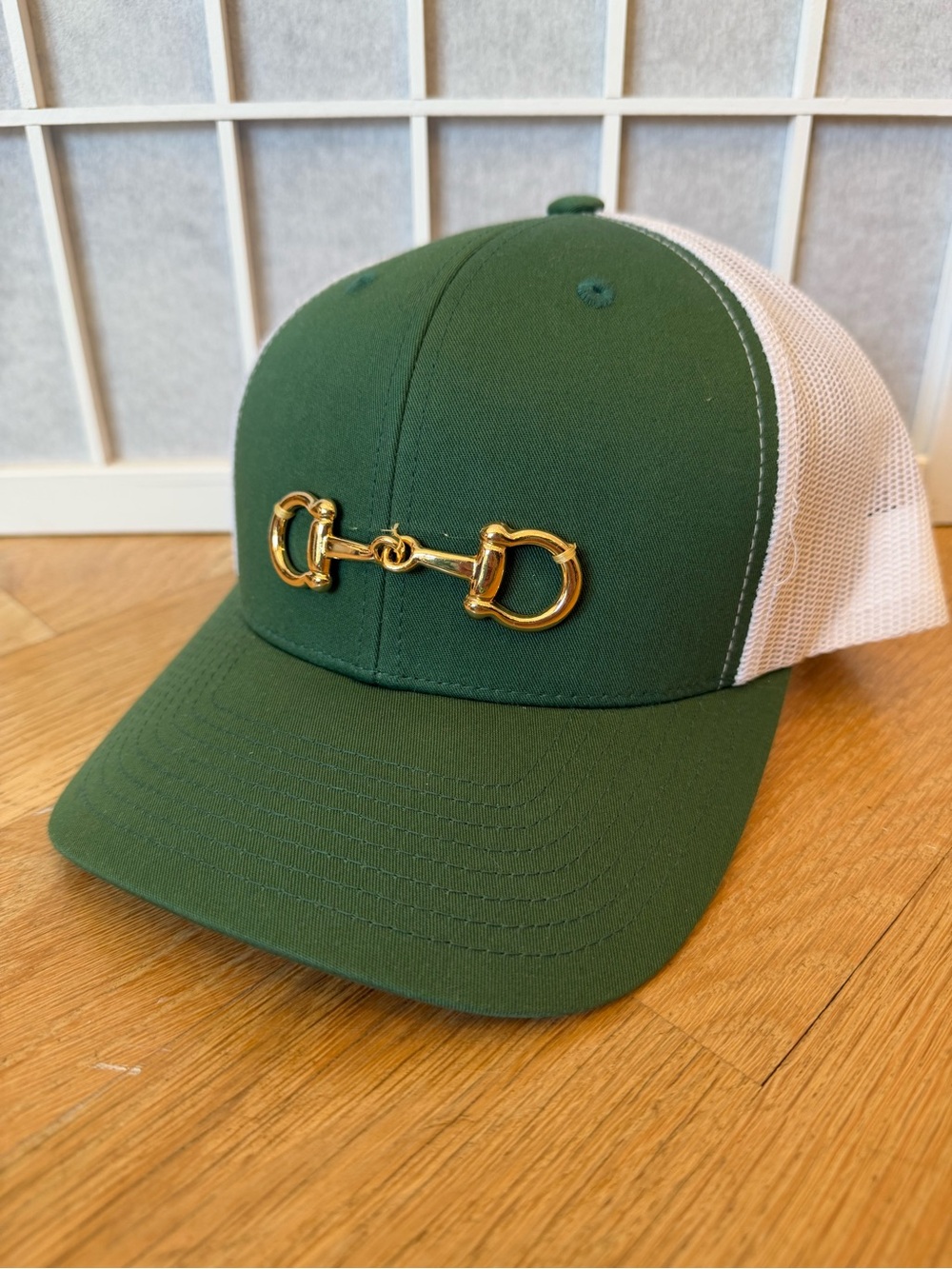Green and White Women's Trucker Hat with Gold Bit Detail